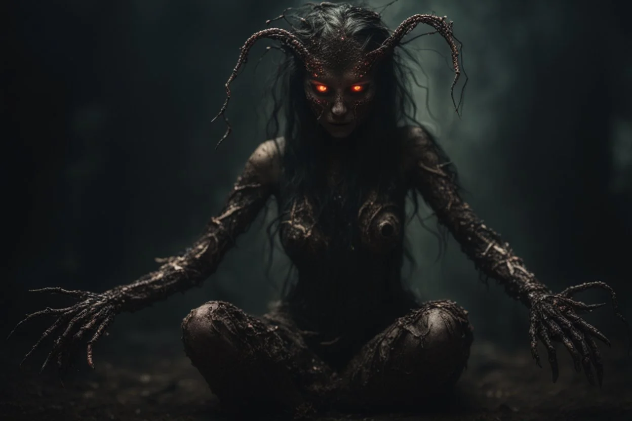 Demon girl wizard vintage girl amorphous limbs, fullbody, creepy, horrifying, sinister, many worms parasite creature connected to the head and hands, sparks around her, sparks cybernetic, intricate, 8k, macro photography,