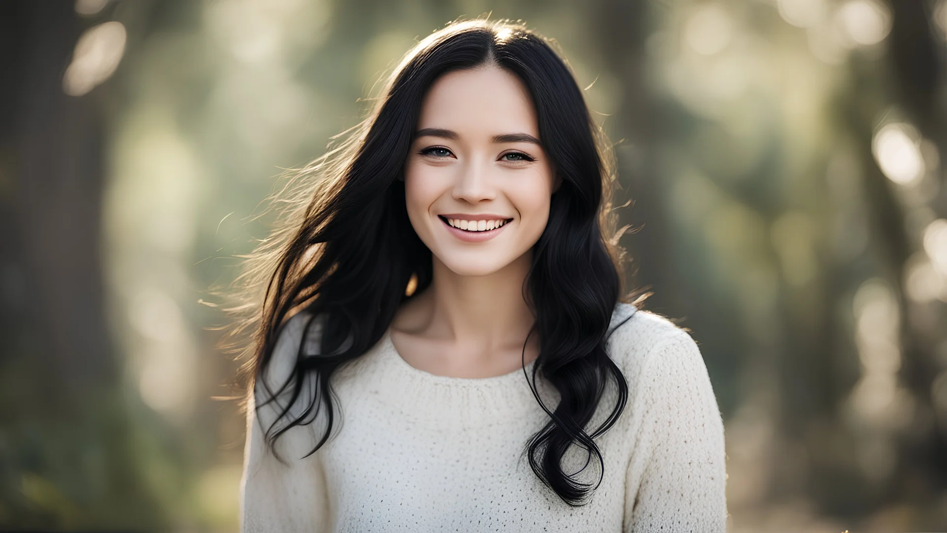 award winning photo, joy19,delicate, beautiful, portrait, (freckles:0.1), long black hair, cute smile, cinematic,