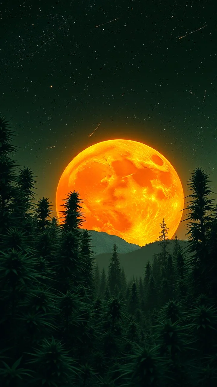 Orange moon landscape on green planet, space meteorites, stars in the night sky, fantasy plants on theof marijuana trees split toning effect, subsurface gaussian scattering, dark fantasy, dark botany, photorealistic image, ultra-details, Marijuana trees