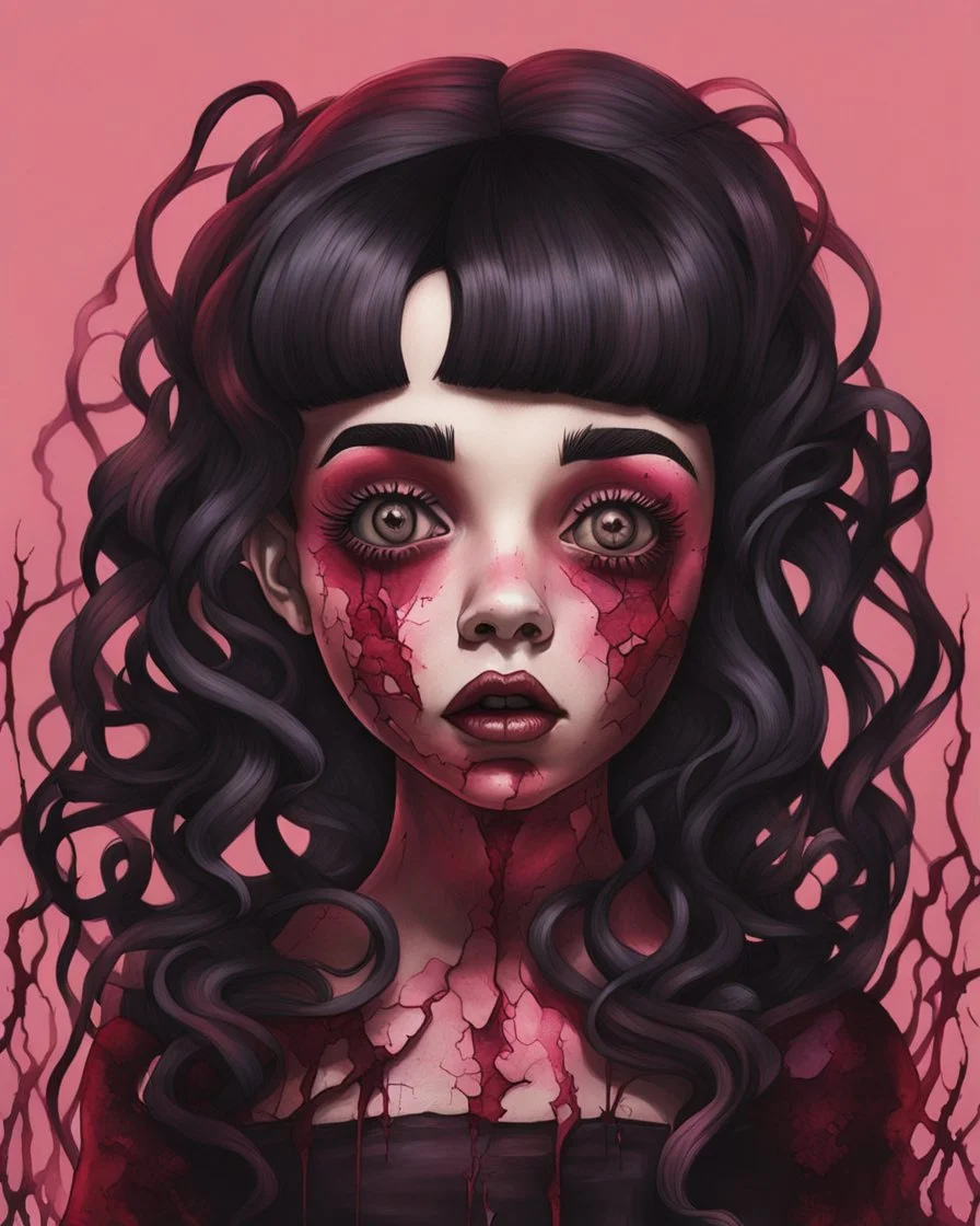 full color, illustration of a darkred and pink tones, menacing, Singer Melanie Martinez face, as a decayed, broken, skin turned translucent, black veins that extended like roots beneath her skin, latex suit, crude homemade cloth doll toy, with a narrow cracked porcelain face, thick dark eyebrows, hair in two gradually, made from ragged strips of cloth, in the style of Alex Pardee, Tim Burton, and Nadya Sheremet