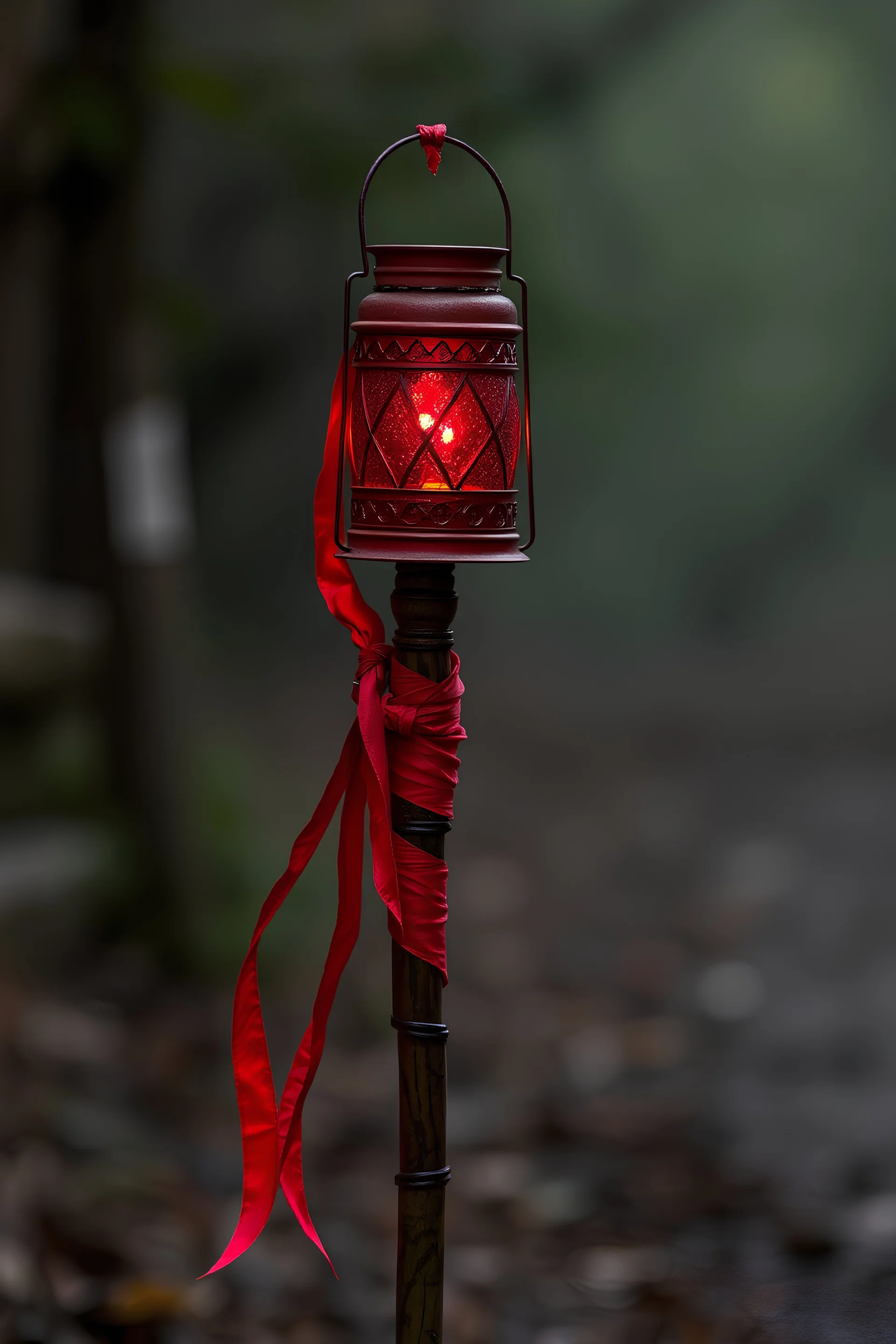 a Necromancer's stick for walking, with a indian style red light lantern tied and dangling on top