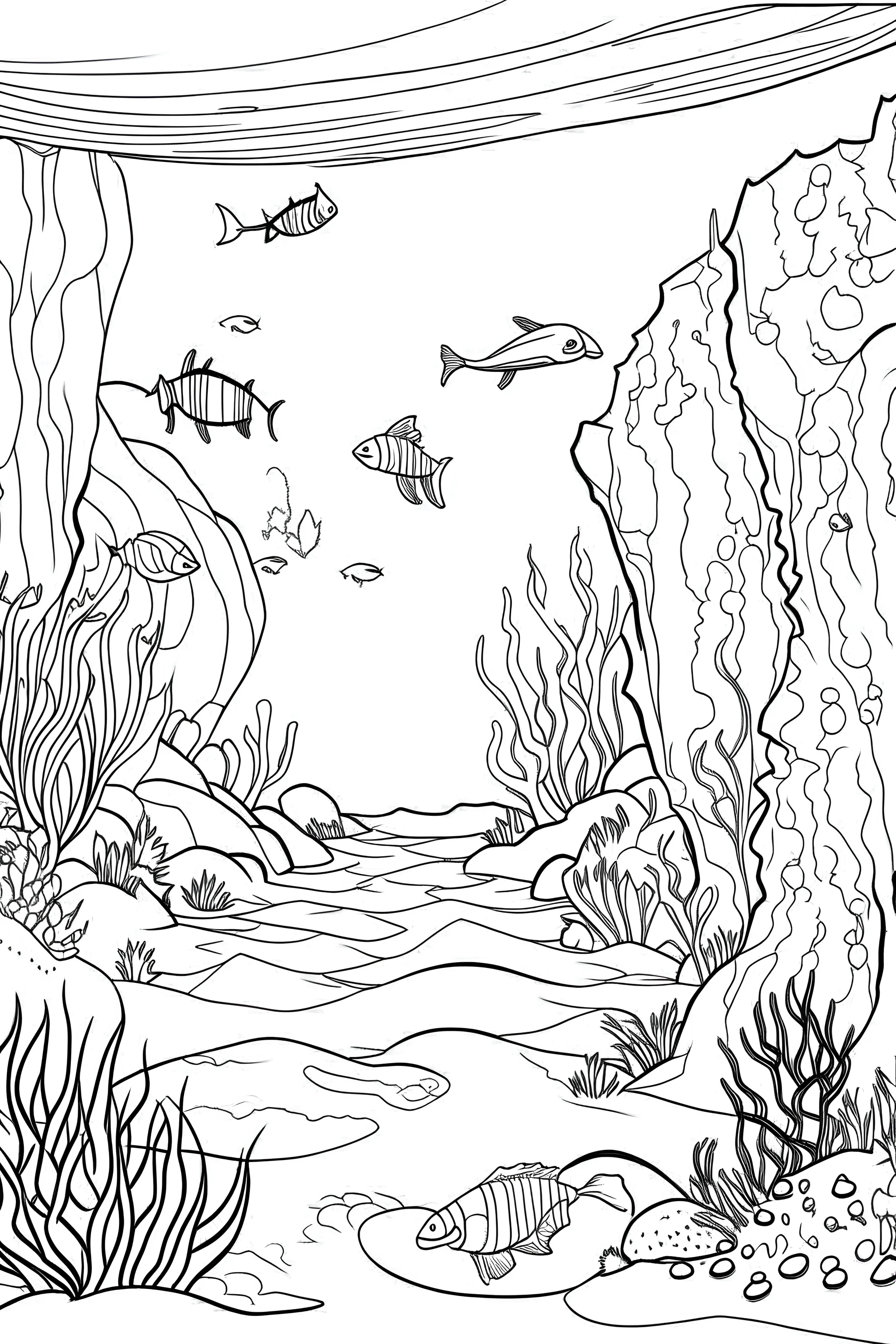 outline art for Color the sea creatures and plants, leaving the water and cave entrance white coloring pages with sitch, white background, Sketch style, full body, only use outline, clean line art, white background, no shadows and clear and well outlined.