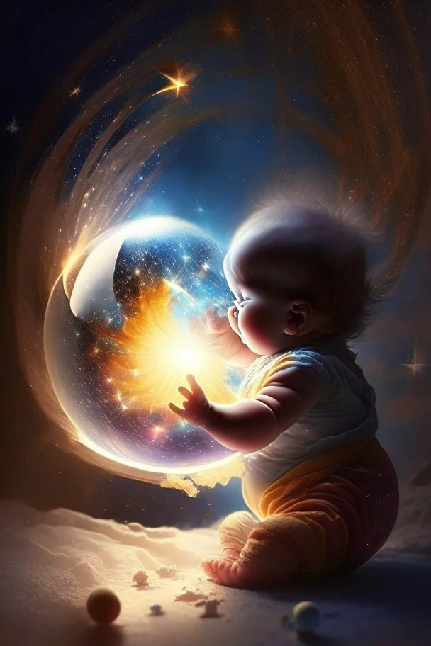 A baby playing with a globe containing the secrets of the universe with an imploding sun in the background and stars flying by