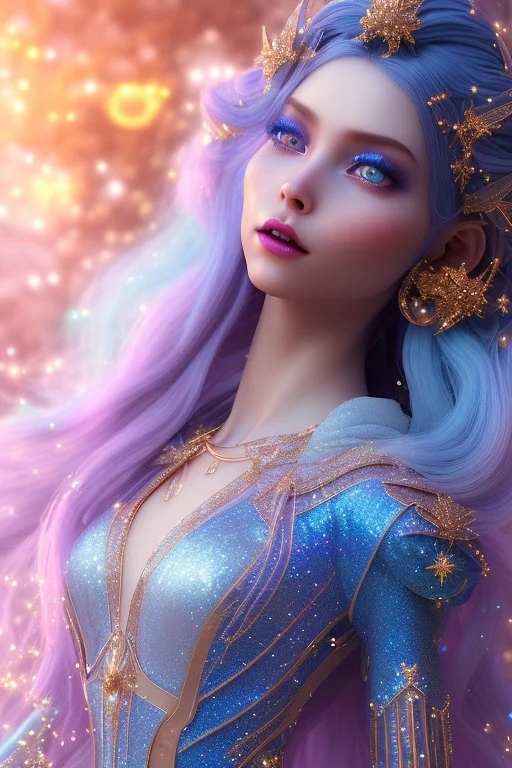 woman glitter blue fairy in a galactic ambiance, long blue hair, detailed gorgeous smile, delicate colors in the foreground, full of details, smooth, light effect，vaporwave colorful, smooth, extremely sharp detail, finely tuned detail, ultra high definition, 8 k, unreal engine 5, ultra sharp