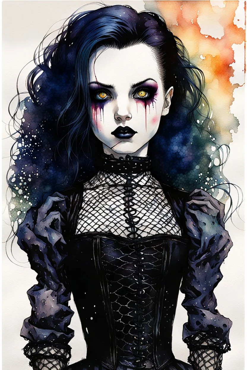 Create and fine print ink wash and watercolor portrait illustration of a Goth Girl ball jointed porcelain doll, with finely lined and detailed facial features in a ragged gothic dress, fishnet stockings ,battered combat boots, , in the graphic novel style of Bill Sienkiewicz, and Jean Giraud Moebius, precisely drawn, colored and inked