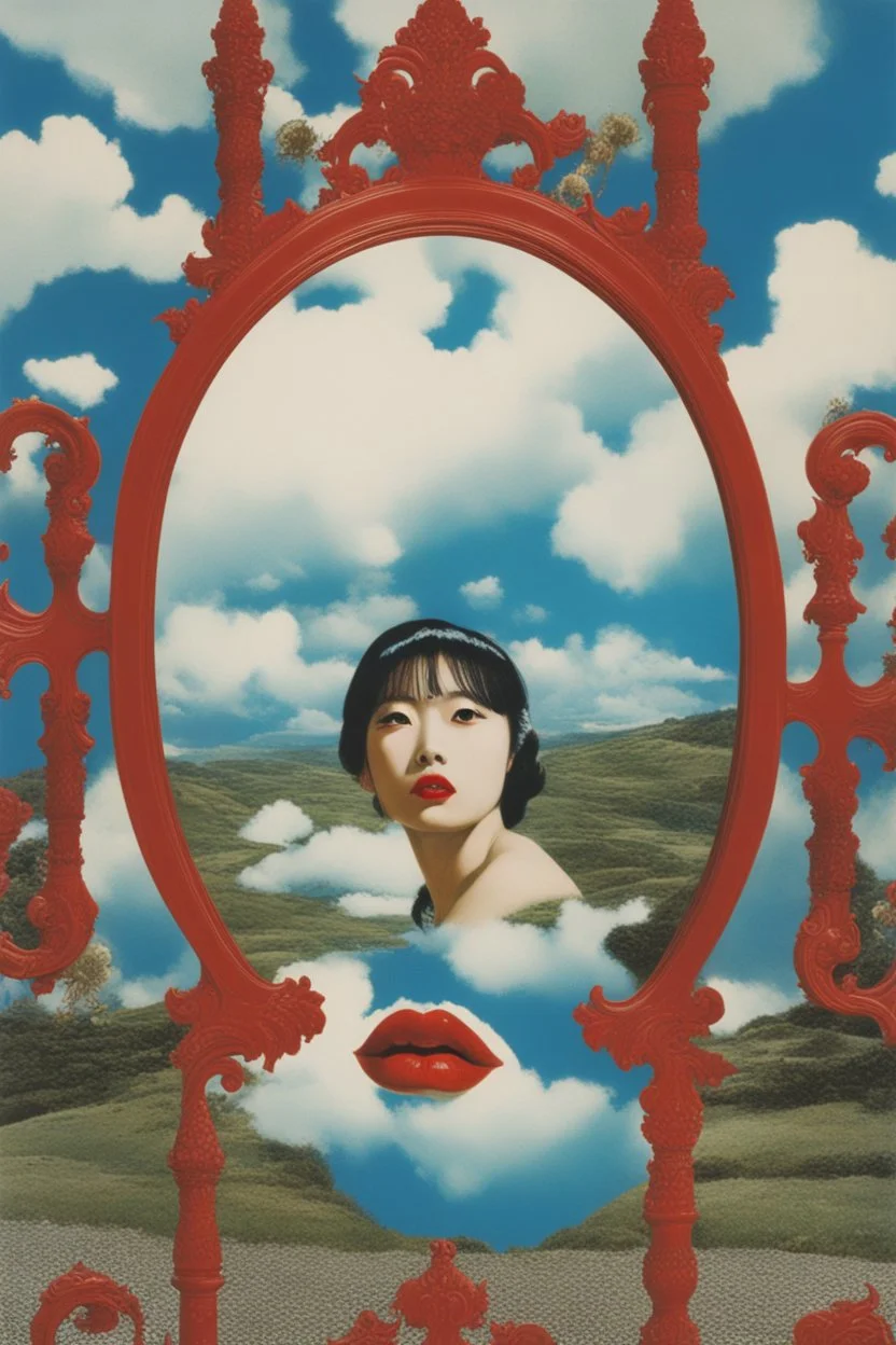 psycho art,cloud in blue sky, a red lip, collage art, shuji terayama, dreamy objects, surreal, criterion collection, showa era, intricate details, mirror