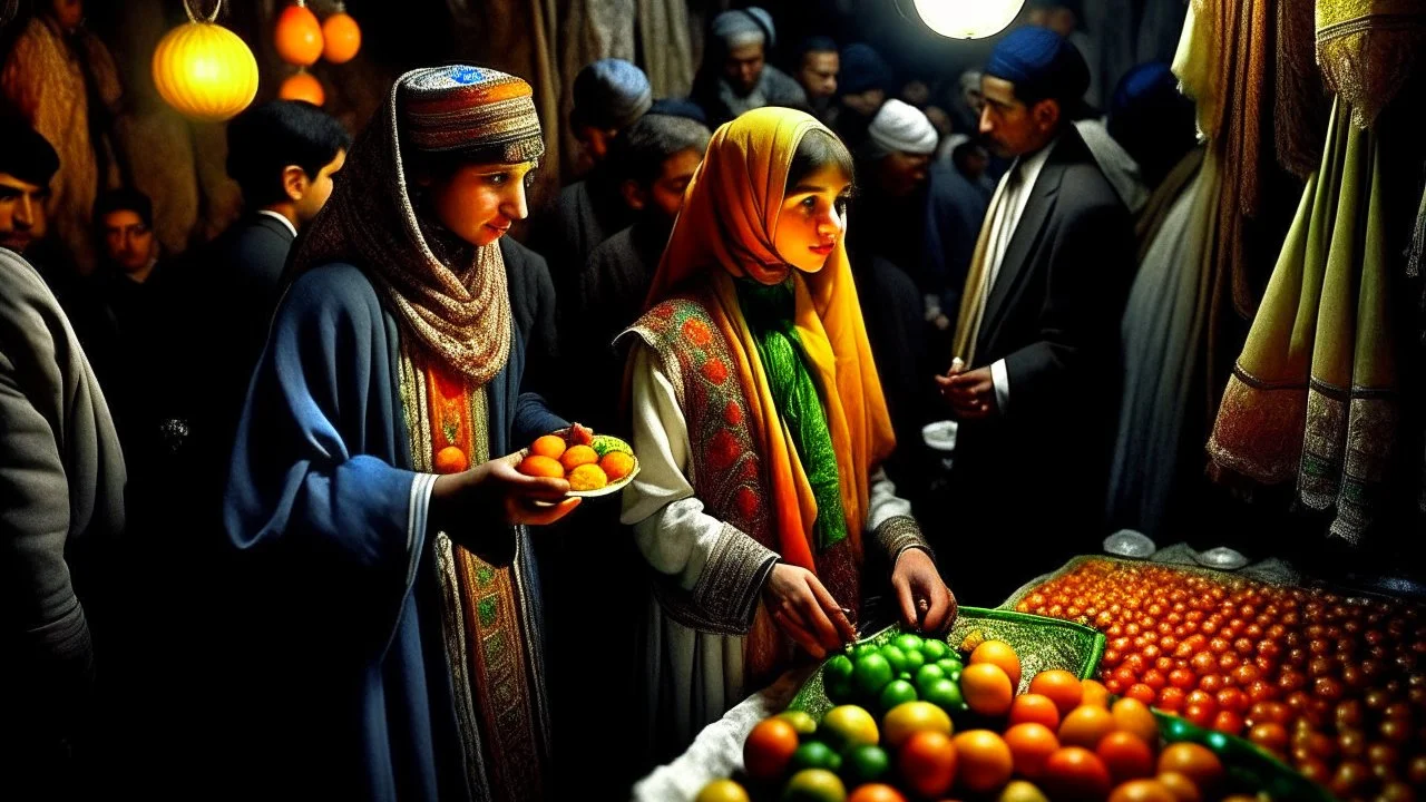 A full-length Palestinian girl wearing an embroidered dress and a white embroidered shawl buys oranges from an old seller wearing a keffiyeh in the market of Jerusalem, 100 years ago, at night with multi-colored lights reflecting on her.