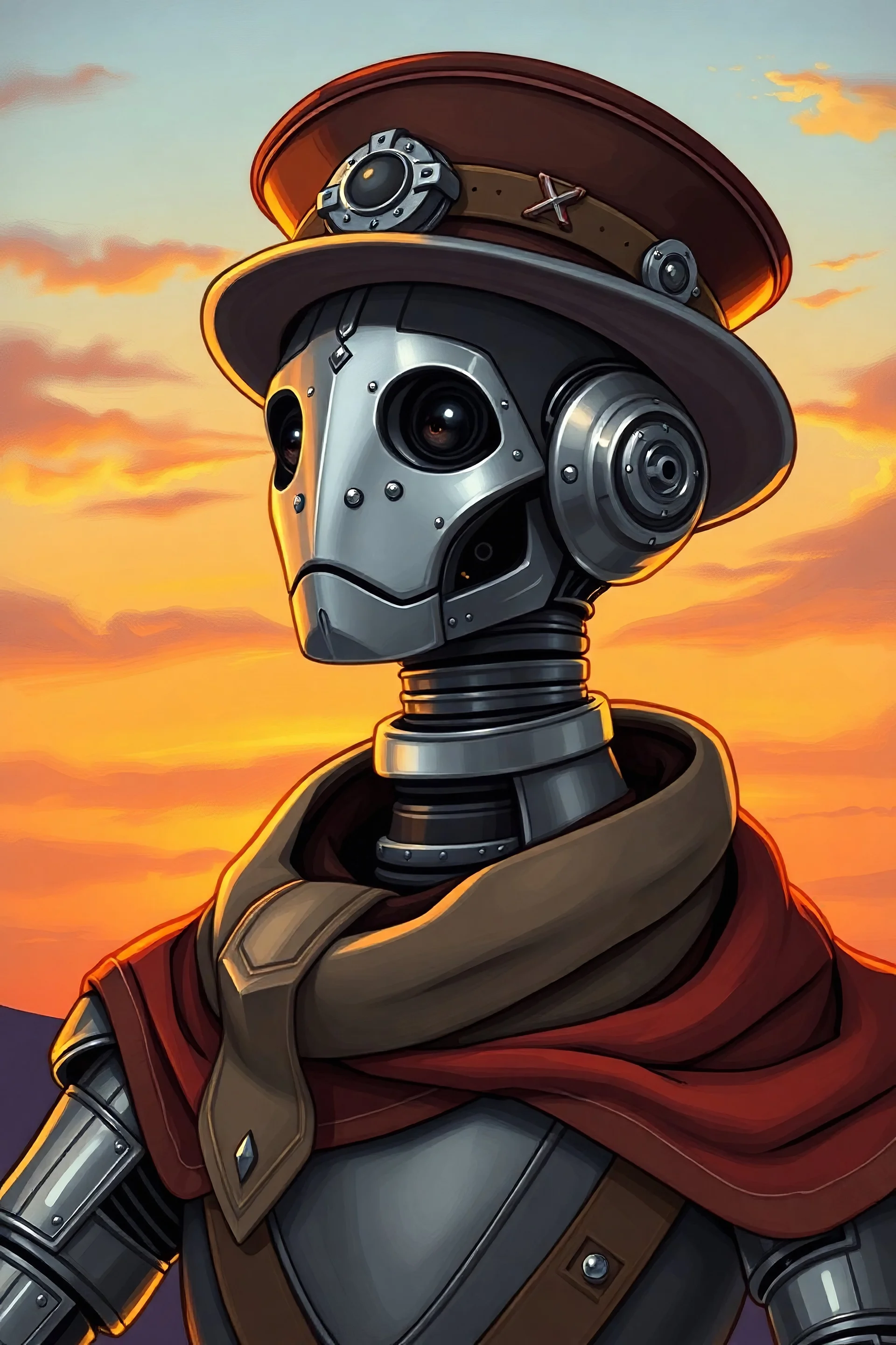 A portrait of a silver metallic robotic bard character from Dungeons and Dragons. He has a fancy hat, and an extravagant cape around his neck. He appears to be daydreaming. Sunset sky background. 2D drawing warforged autognome flat cute drawing fantasy steampunk realistic