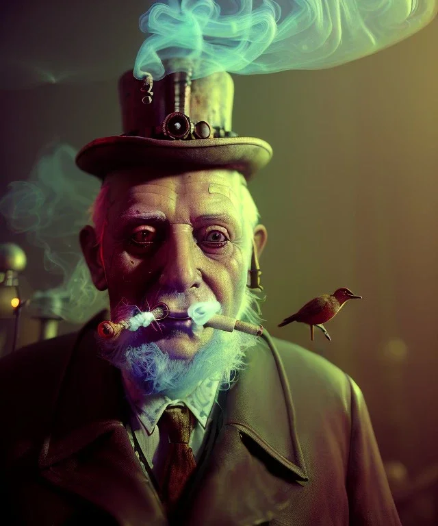 Surreal, steampunk, cabaret scene. Russian old man. Sweat, Birds, Feather, smoking, happy, hot, color fog, people background, highly detailed, concept art, unreal engine 5, god rays, ray tracing, RTX, lumen lighting, ultra detail, volumetric lighting, 3d, finely drawn, high definition, high resolution.