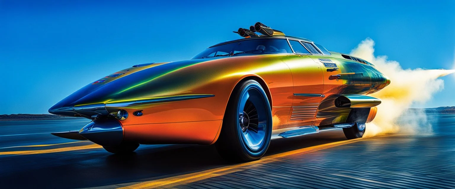 A national geographic award-winning photograph of a military fighter jet station wagon elephant hybrid bilaterally symmetrical designed by skunkworks, only one vehicle per image painted metallic dayglo colors traveling at a high rate of speed, jet intake off of the front center of vehicle and jet exhaust out the rear with bright blue flame soviet retrofuturism, cassette tape futurism, sleek but squared, tremendous nuclear powered engine