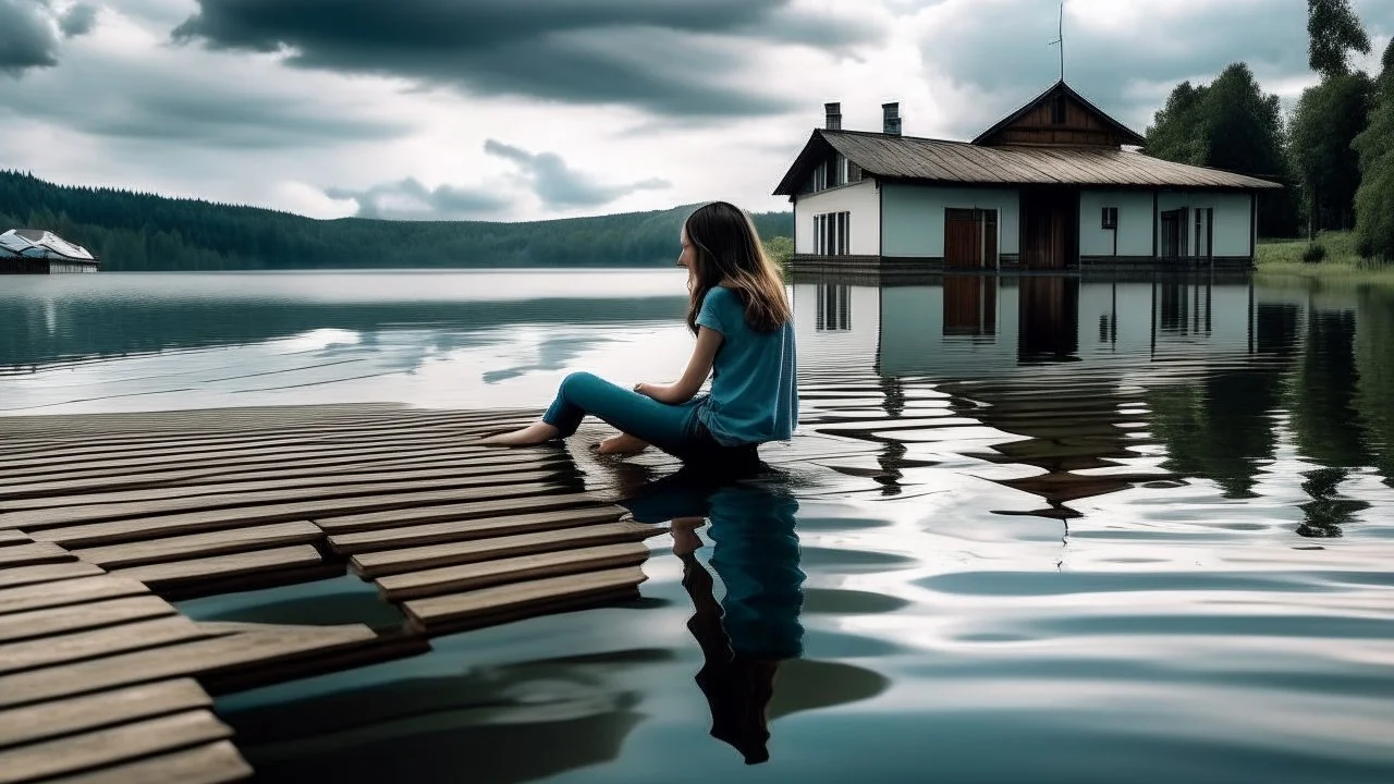 Woman sitting on a jetty with her feet in the water of the lake, in the background you can see a house of modern architecture that is reflected in the lake, the sky threatens storm