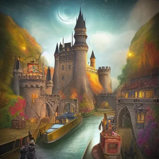 A magical canal city of wizards, witches and warlocks with a castle Andy Catling style