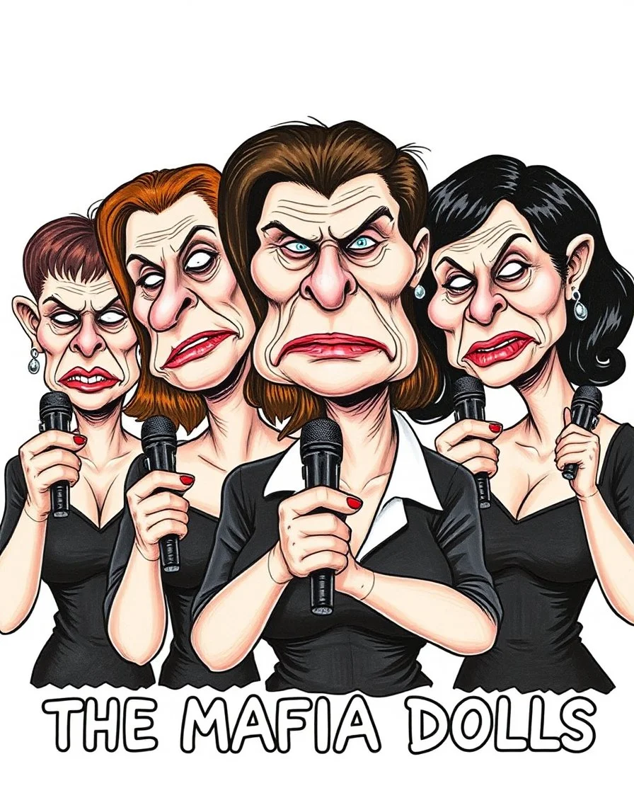 Poster of a hand-drawn caricature of a group of very ugly adult women, posing in a mafia style, and speaking with microphones in the shape of guns. The facial features of each woman are extremely exaggerated, some are big-eared, big-nosed, with a firm mouth, which makes them look silly, evil and stupid. Superimposed there is the following phrase: "LAS MUÑECAS DE LA MAFIA"