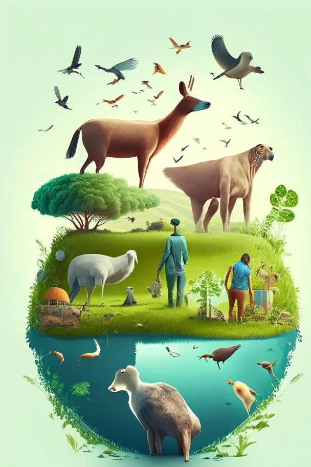 medio ambiente sano con personas y animales cuidándolo