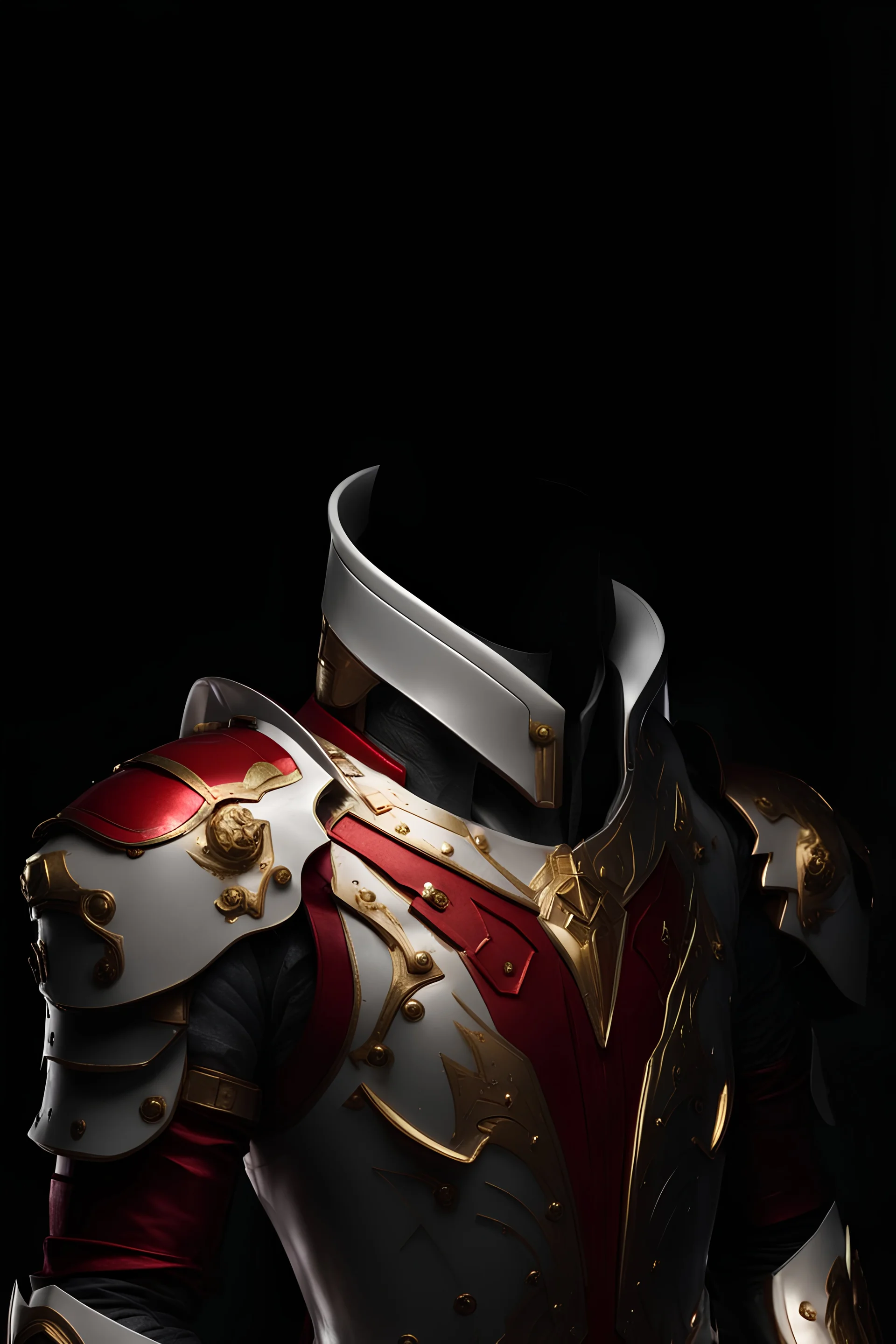 traje de emperador futurista, armadura medieval futurista, blanco, rojo y dorado