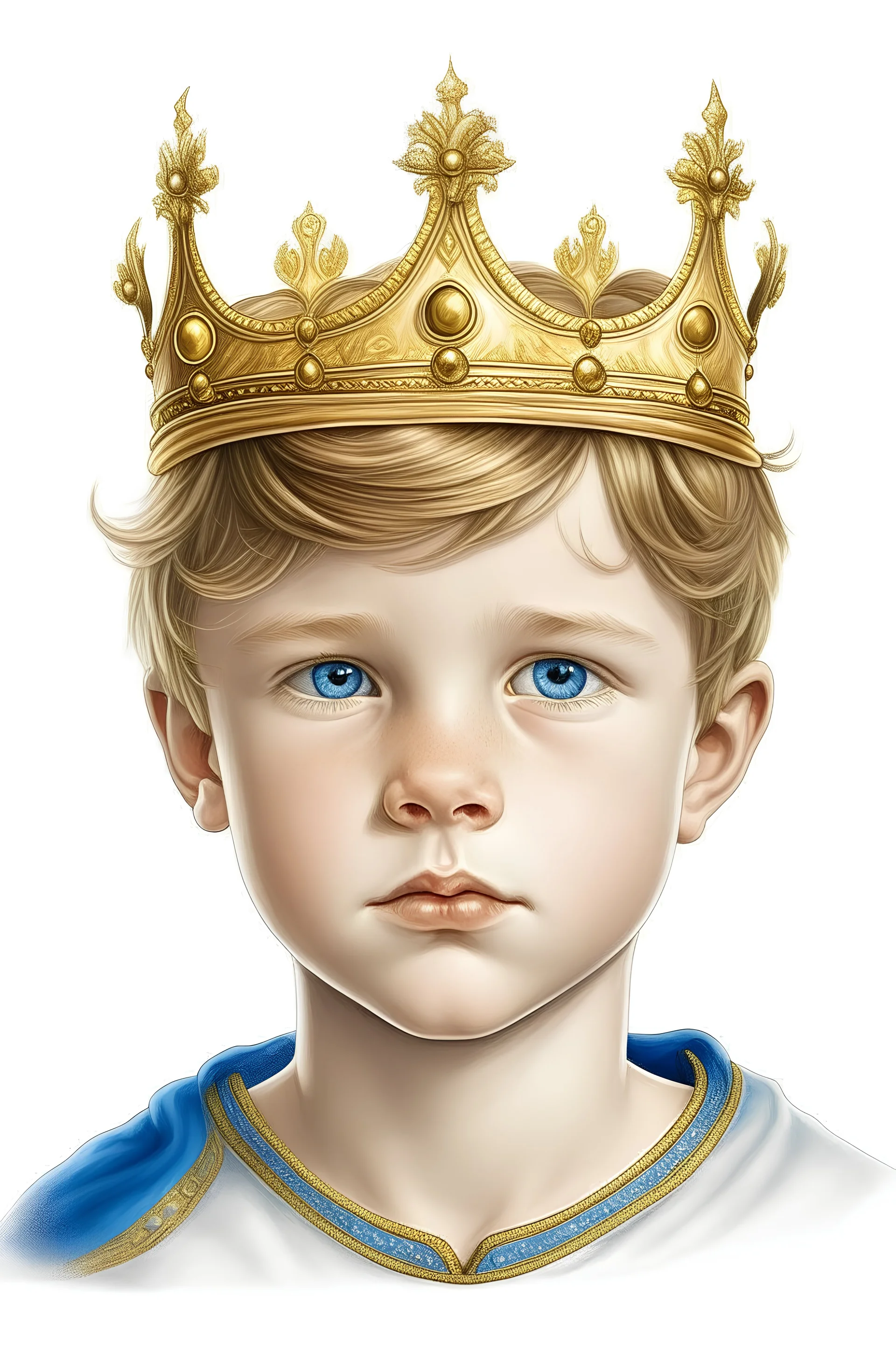 Draw for me a ten-year-old boy with a crown on his head. He has dazzling beauty and blue eyes. His hair is golden, and the picture is in a realistic style with a white background.