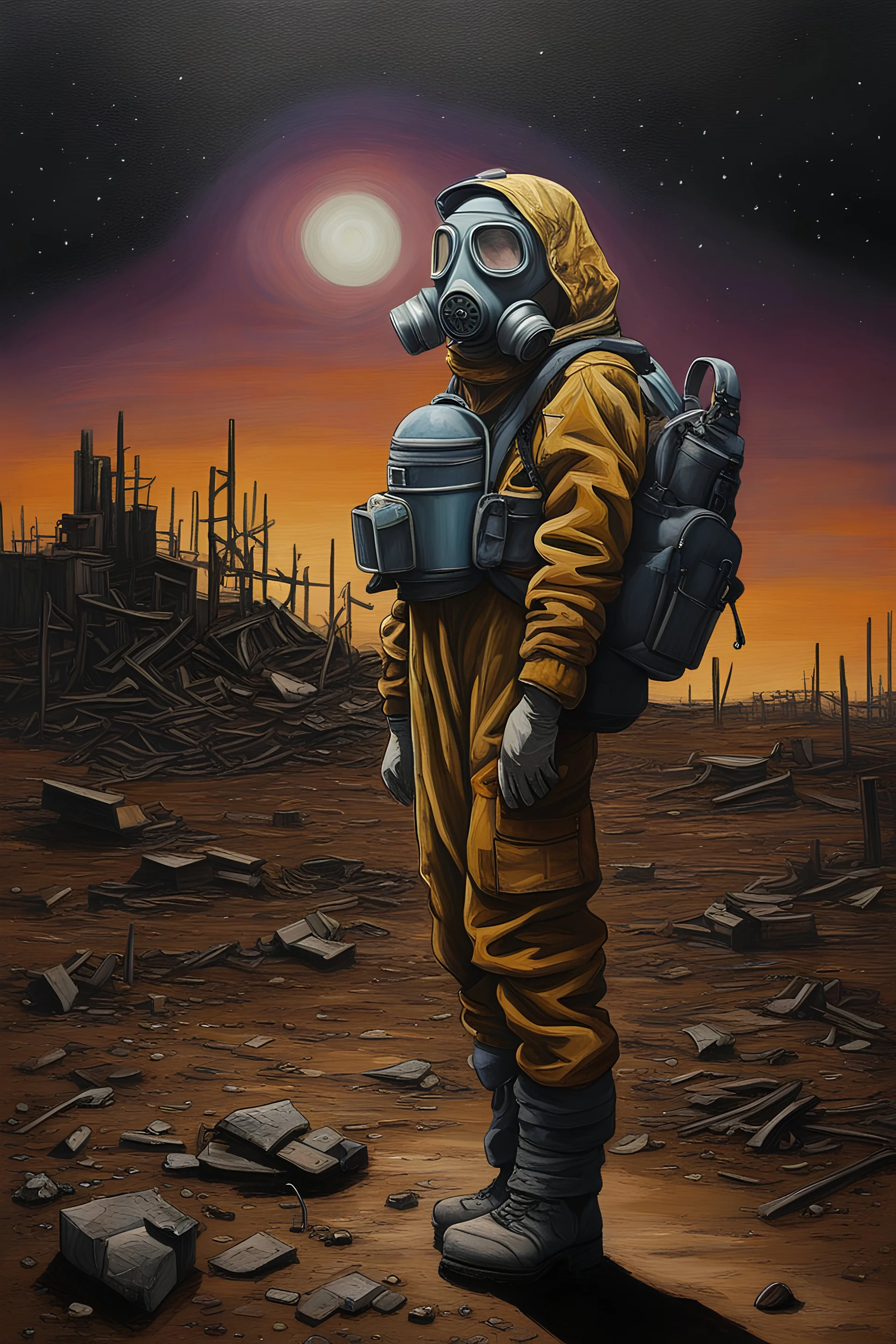 a mesmerizing post-apocalyptic world, the sky filled with stars at night, broken buildings surrounded by debris, the floor is covered with dirt and iridescent oil, a sense of beauty and destruction. An acrylic painting of a lone woman wearing highly detailed safety clothes, wearing a gas mask, aanstanding on a barren. (Acrylic painting by MSchiffer showcasing the meticulous brushstrokes and depth of colors.) Acrylic paint blobs in relief, The pollution looks almost like glowy northern lights in