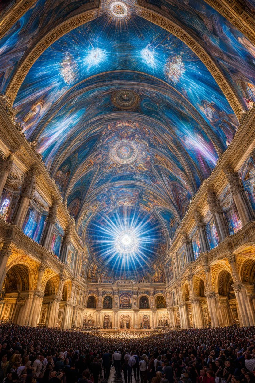 Subject & Action: A hyper-detailed, hallucinatory wide-angle scene inside St. Peter’s Basilica in Vatican City, transformed by a massive, pulsing luminescence show. A diverse, dazed multitude of visitors is gathered below, their faces tilted upward, illuminated by a psychedelic vortex of beams that refract through the central baldacchino and dome. Environment & Setting: The interior of the basilica is consumed by swirling patterns of light—fractal geometry, mandalas, and kaleidoscopic projectio