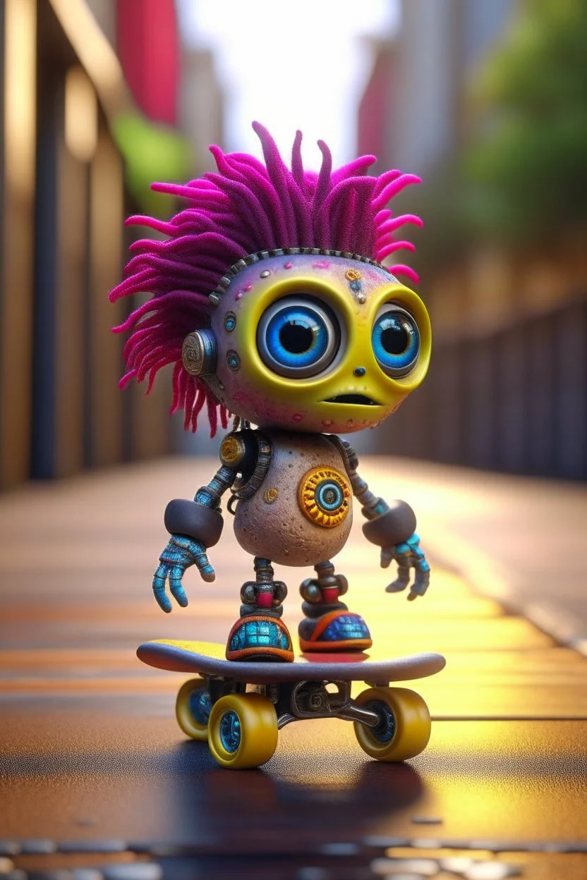 cute adorable hypnotic chat hippie robot with skateboard and punk hair and real human eyes, its such a perfect day, motion blur, smoke, 8k, downlight, soft light, depth of field, photorealism, trending on art station, lotsa detail