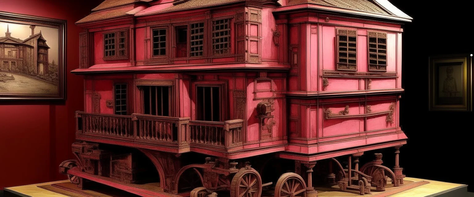 A rose pink mechanical house painted by Leonardo da Vinci