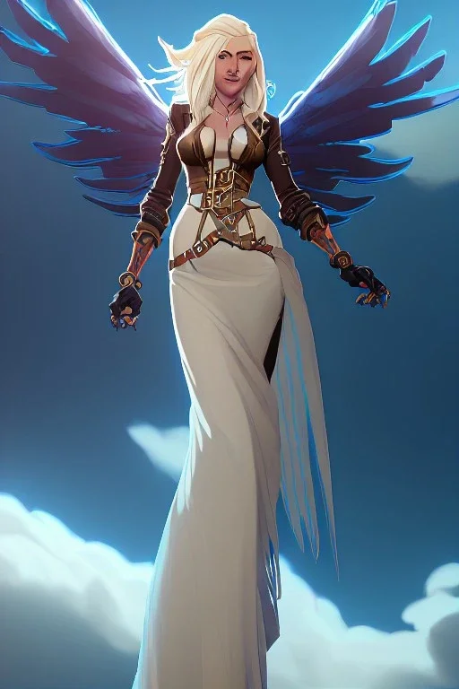 blue sky clouds, blonde steampunk angel in a flowing gown, majestic