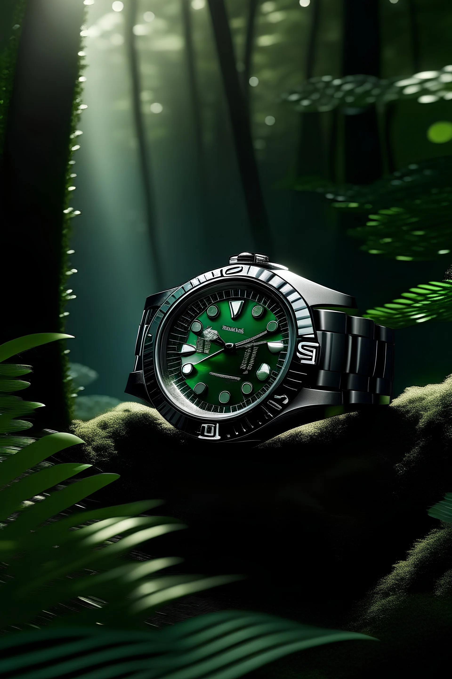 Generate an image of the Cartier Diver watch in a serene forest environment, emphasizing the stability of nature and the watch's enduring design.