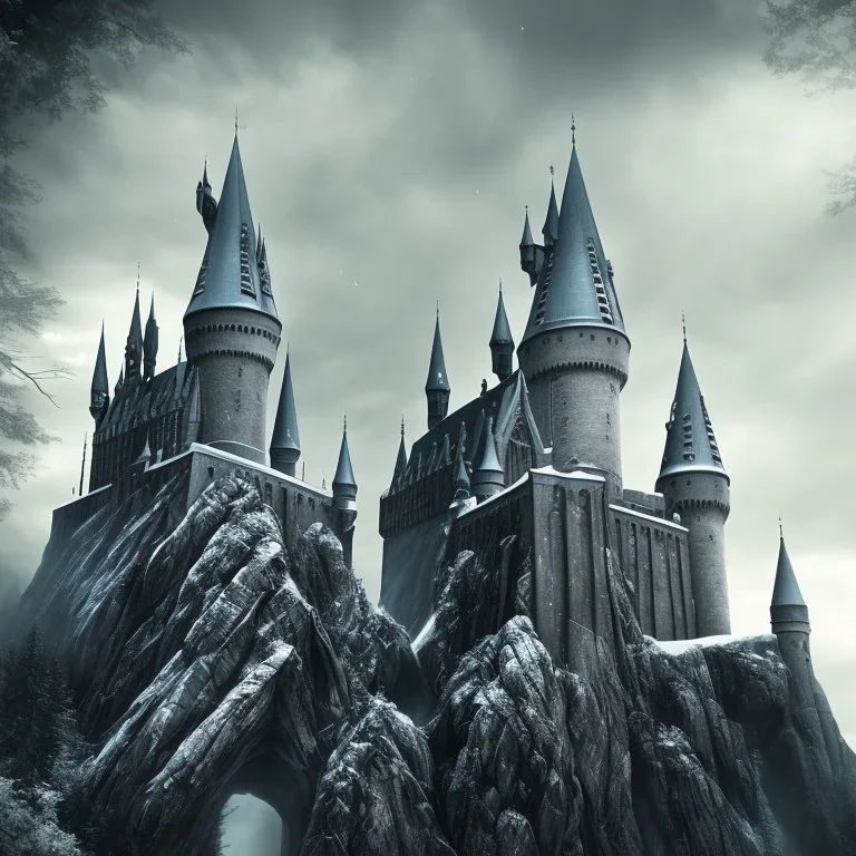 one children lost in the front castle hogwarts, fog, particle, rain