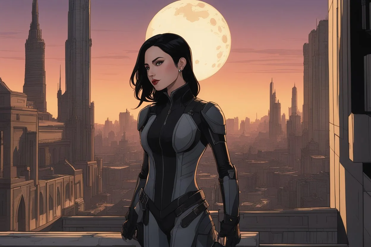 A slim Woman With Black shoulder length hair, Wearing an android-looking suit, standing sideways On a ledge of a building, with a moon Behind Her Head, towering spires and buildings highlighted by the setting sun