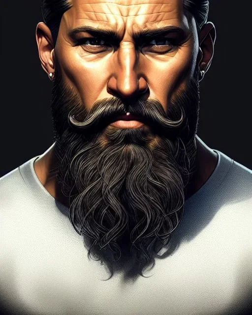 "MIddle aged white human male, with a trimmed but uneven beard, piercing eyes with slick back hair, full-scale head and shoulders portrait, 8k resolution concept art portrait by Greg Rutkowski, Artgerm, WLOP, Alphonse Mucha dynamic lighting hyperdetailed intricately detailed Splash art trending on Artstation triadic colors Unreal Engine 5 volumetric lighting Splash art fantasy"