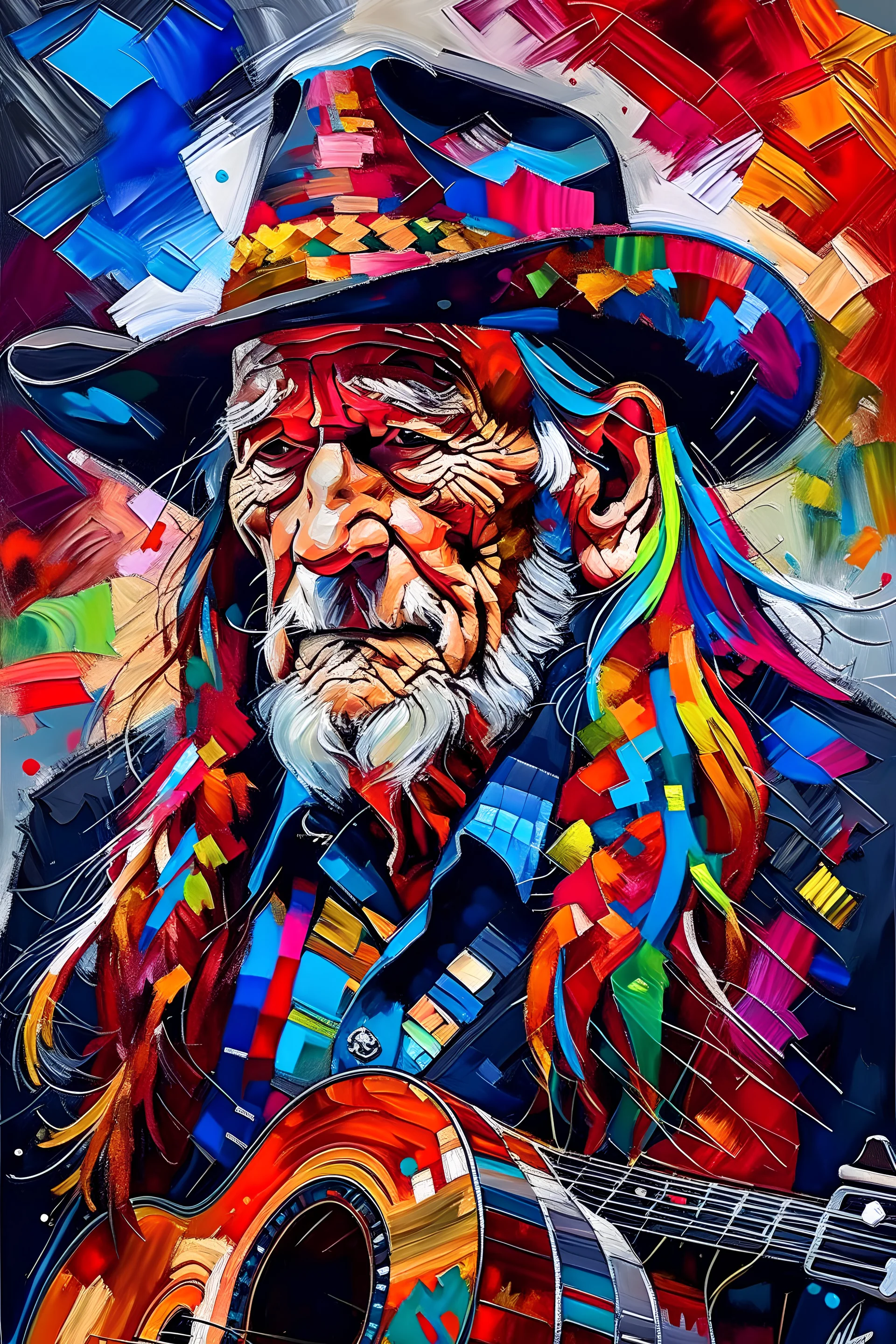 captivating conceptual painting of the iconic rock star, Willie Nelson, rendered in a vibrant and abstract art style. The background is a swirling, chaotic mix of artistic strokes that evoke a sense of rebellion and energy. The overall composition is a celebration of creativity, movement, and the essence of rock 'n' roll., vibrant, painting, conceptual art