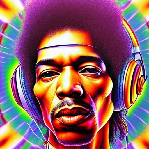 a realistic picture of Jimi Hendrix at a turntable with headphones on being a DJ, vivid color, with sunglasses, psychedelic trippy art, with UFOs in the background