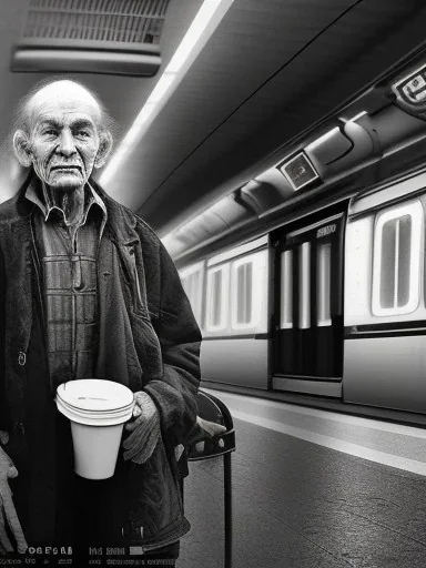 a protrait of a begger sitting inside a subway station in NYC. He is 80 years old, caucasion, thin with balding hair. In one hand he is holding a plastic cup and the other hand is stretched out to beg. Black and white photograph hyperrealistic photorealistic photography