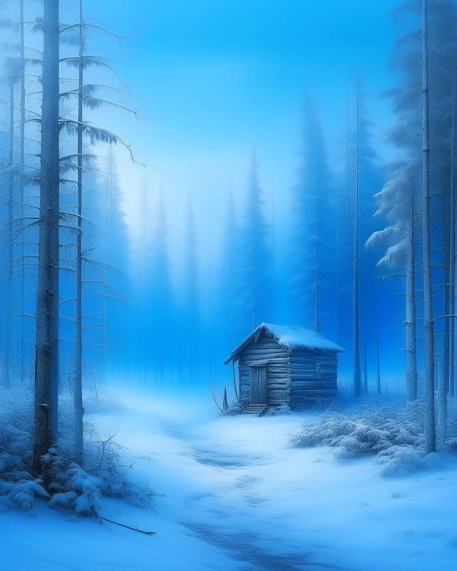 A sky blue cabin in the freezing forest painted by Ivan Aivazovsky