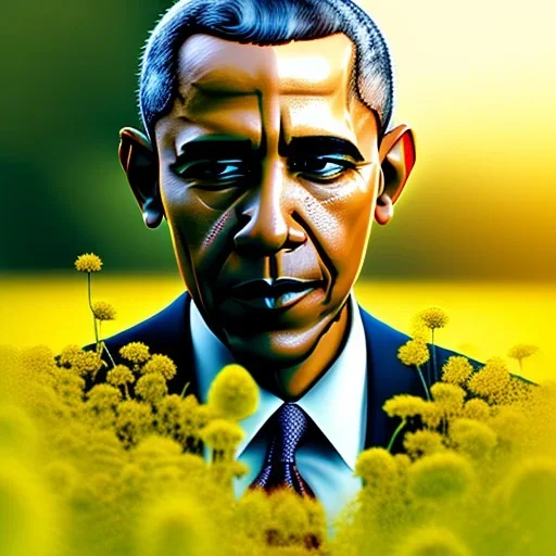 obama hyper realist, hyper detailed,laying down in gras with yellow flowers for hair, closed eyes, rtx, reflection, 8k, glow, winning photography, caustics