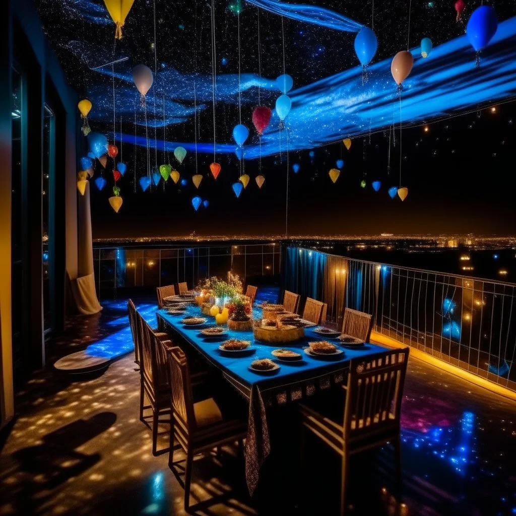 birthday party in the sky at night, on the clouds, with colorful light bulbs, garlands, pennants, balloons, confetti, party spirit, music, the stars shine and dance, jasper johns style