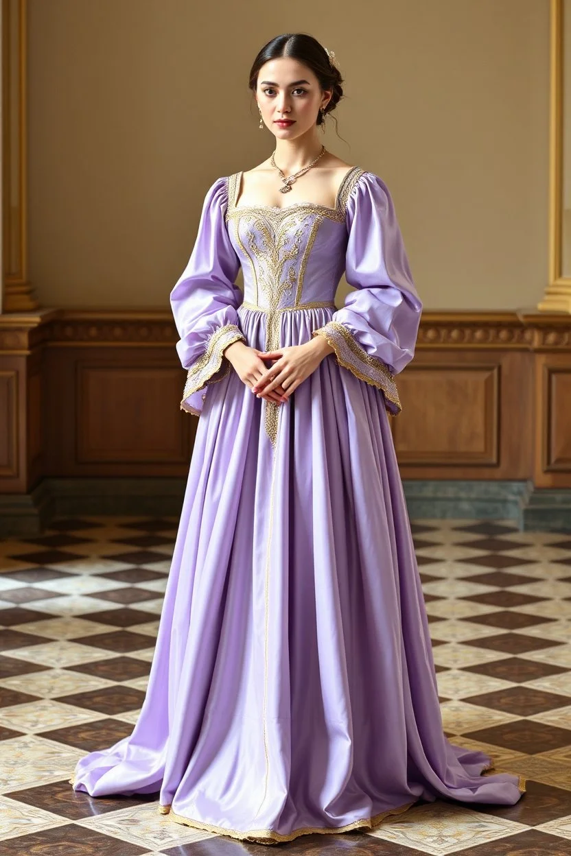 На ней было платье итальянского ренессанса сиреневого и легкого золотистого цвета. в полный рост