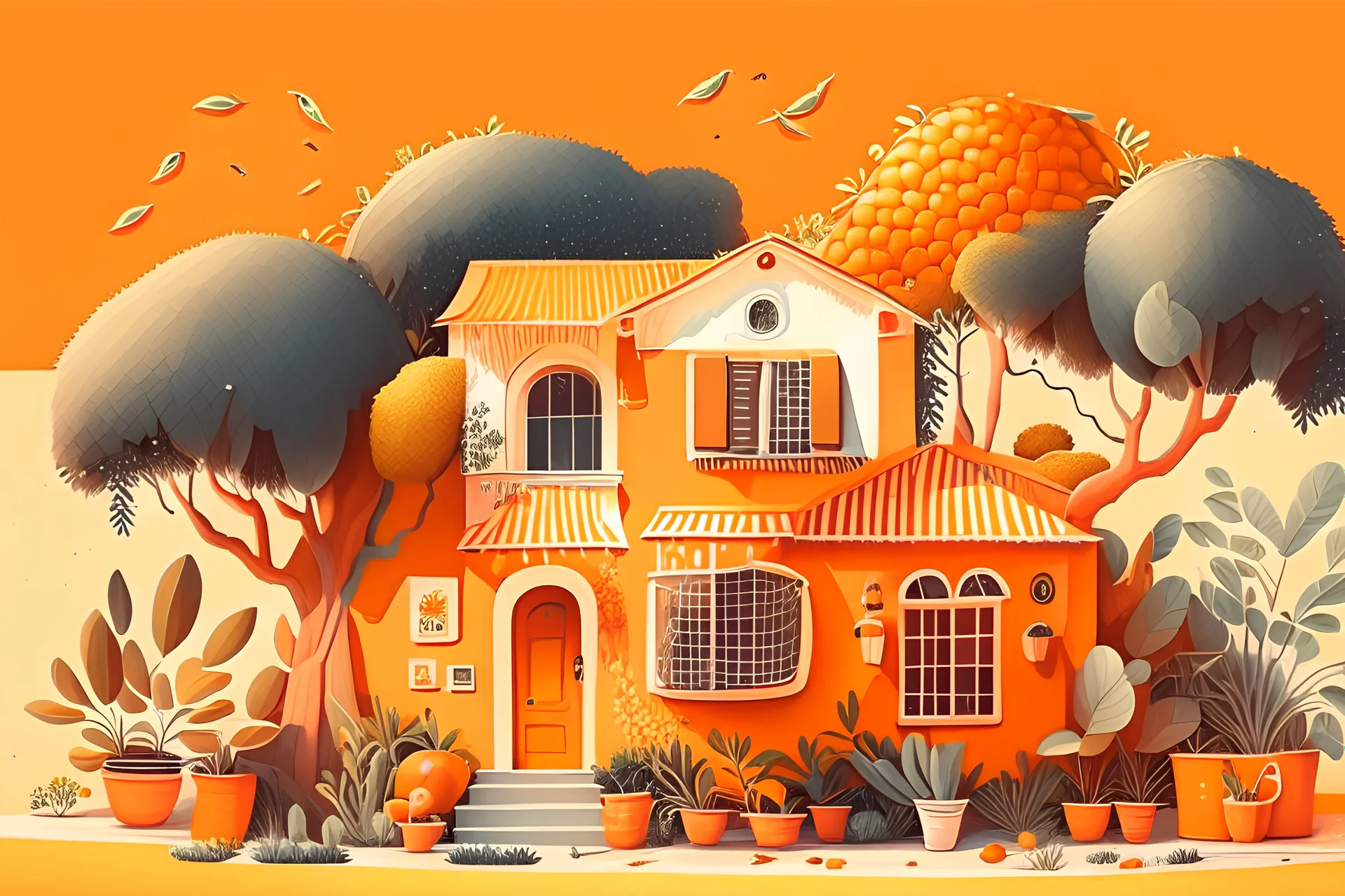 House illustration, realistic, detailed, illustrative, childrenbook style, Orange house, tangerine and orange trees, plants