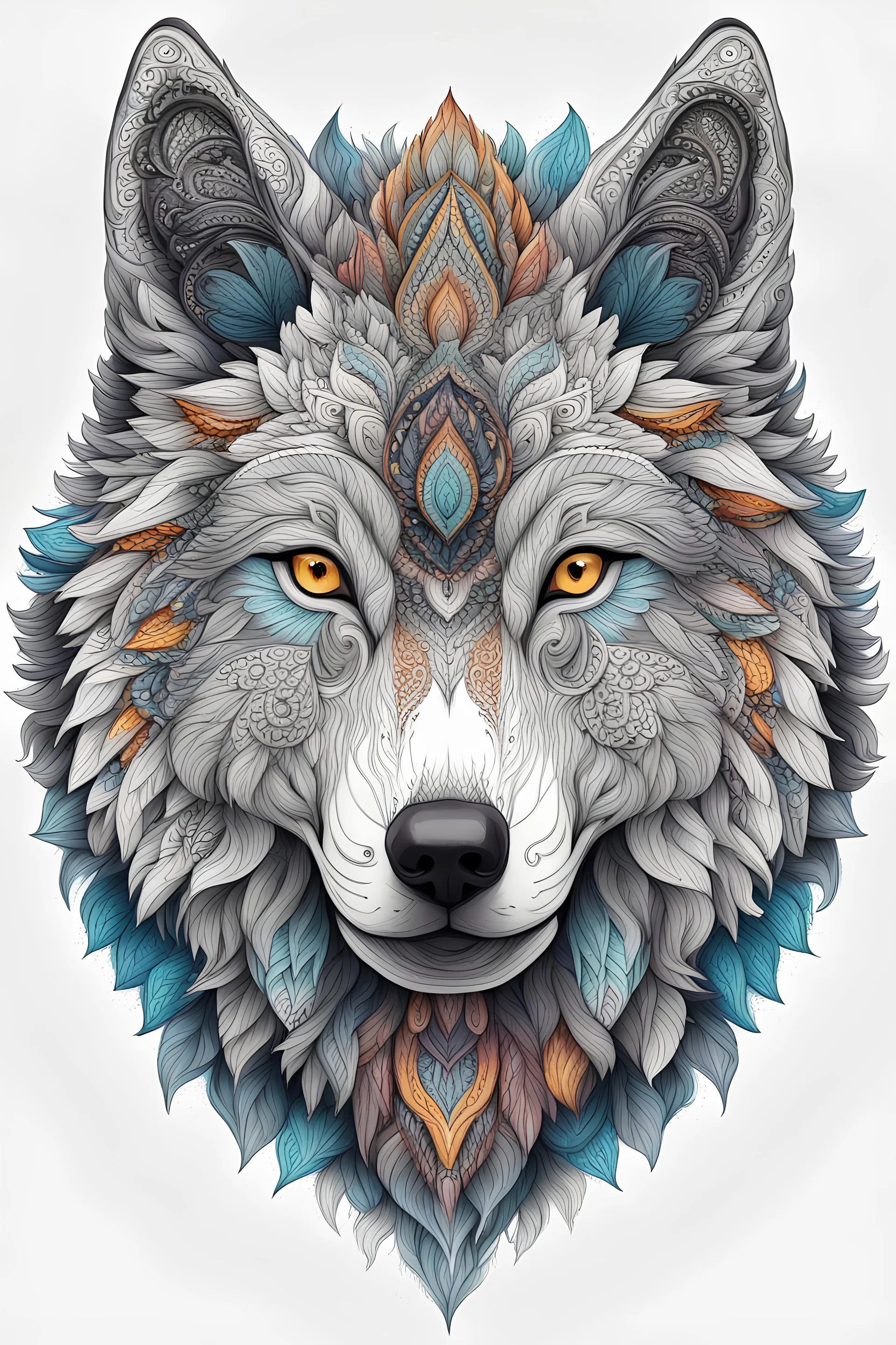 wolf face mandala, white bg , illustration style with color