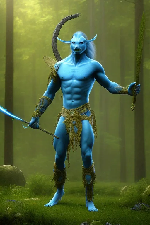 portriate of a na'vi avatar blue alien warrior, holding a spear, in the forest, volumetric lighting, particals, intricate detail, photo realistc, volumetric clouds