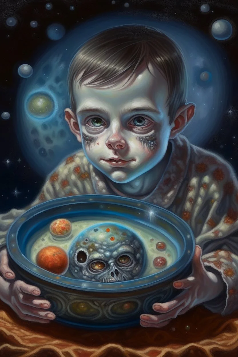 book cover illustration, spotty oil painting portrait of metallic sleeping slightly cute smirking vampire holding small earth on a platter, bokeh , high detail, smooth render, prize winning