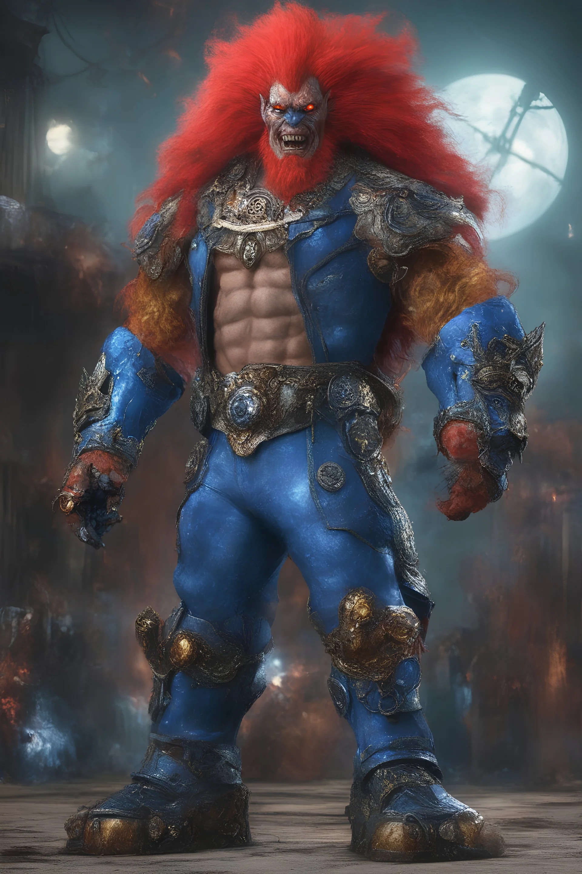 full body, head to toe, 3D, Flash Lambert the third, the anthropomorphic black Chinese Indian werewolf emperor zombie kraken terminator robot Gene Simmons, Bozo the clown, with Long wavy, curly (((red hair))), resembles Elvis Presley - full color - 32k, UHD, 1080p, 8 x 10, glossy professional quality digital photograph - raging sea and mountains and a ship in the background, historic, powerful, exquisite detail, sharp - focus, intricately - ((skin details, high detailed skin texture))