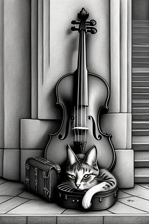 One single mature homeless cat sleeping in a corner on the street, violin case, Vienna, mourning, model style, hyper realistic, extremely accurate, delicate, extremely detailed, Graphic novel style, wide-angle, open aperture, superfine pencil