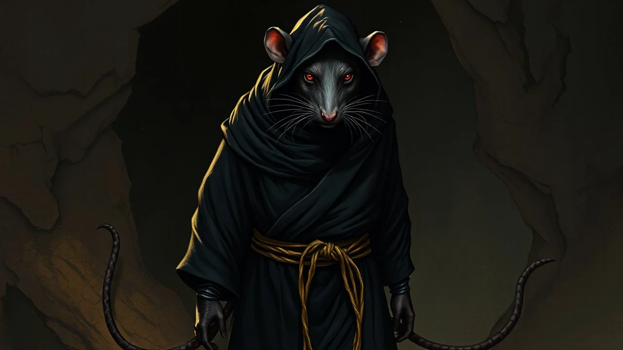 the rat man, ou’re looking at someone who doesn’t just walk into shadows—they belong to them. The black robes cling like a second skin, the belt tied tight with gold thread that catches the light only when he moves. His face is wrapped, but not hidden—his eyes glow like embers, red and steady, as if he’s already seen what waits inside the cave. The tail curls behind him, not in fear, but in readiness. He doesn’t need a torch, because the darkness answers him.