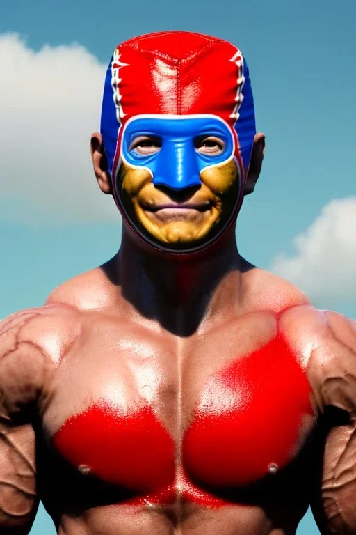 realistic image of joe biden as a mexican wrestling fighter posing, Mexican eyes wrestling mask, red and blue breeches, retro style, 80s, vibrant color, highly detailed, sky background, concept art, unreal engine 5, god rays, ray tracing, RTX, lumen lighting, ultra detail, volumetric lighting, 3d, finely drawn, high definition, high resolution.