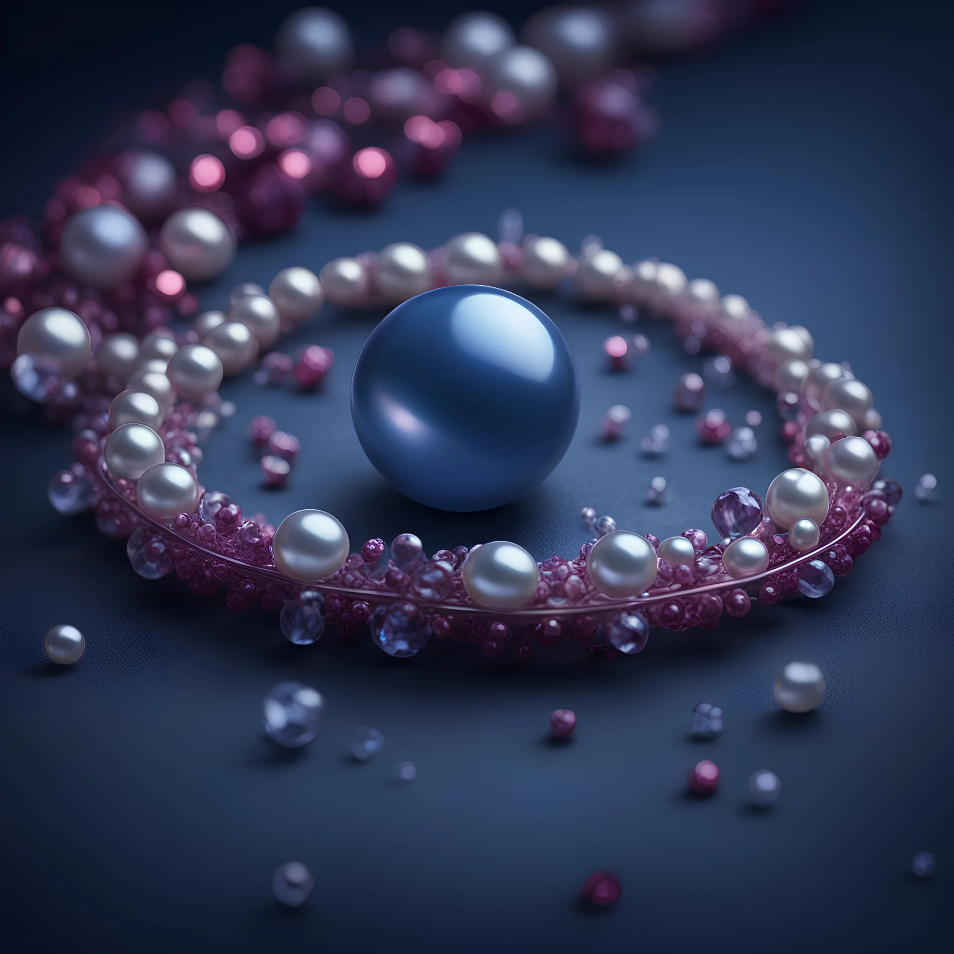 A lying pearl necklace in midnight blue and berry rolled up. Illustrative art, art interpretation, concept art, cgsociety contest winner, seasonal art, seasonal art HD, 4k, 8k, intricate, detailed, intricately detailed, luminous, translucent fantasy crystal, holographic data, soft body, shadow play, light, fog, atmospheric, cinematic, light film, hyper-detailed, hyper-realistic, masterpiece, atmospheric, high resolution, 8k, HDR, 500px, mysterious and artistic digital art, phototic, intricate, f