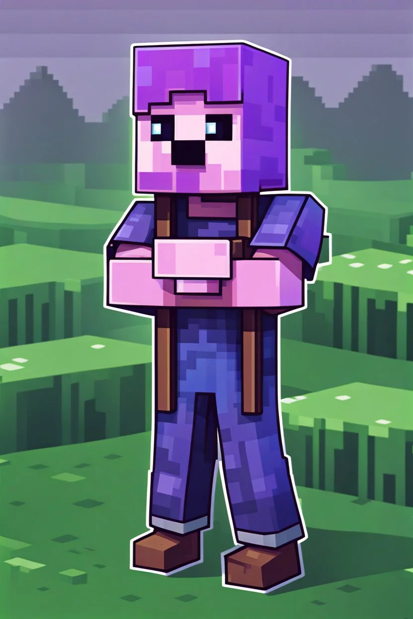 a profile picture of a purple Minecraft block face, cute, farmer clothes, 2d, large pixel style