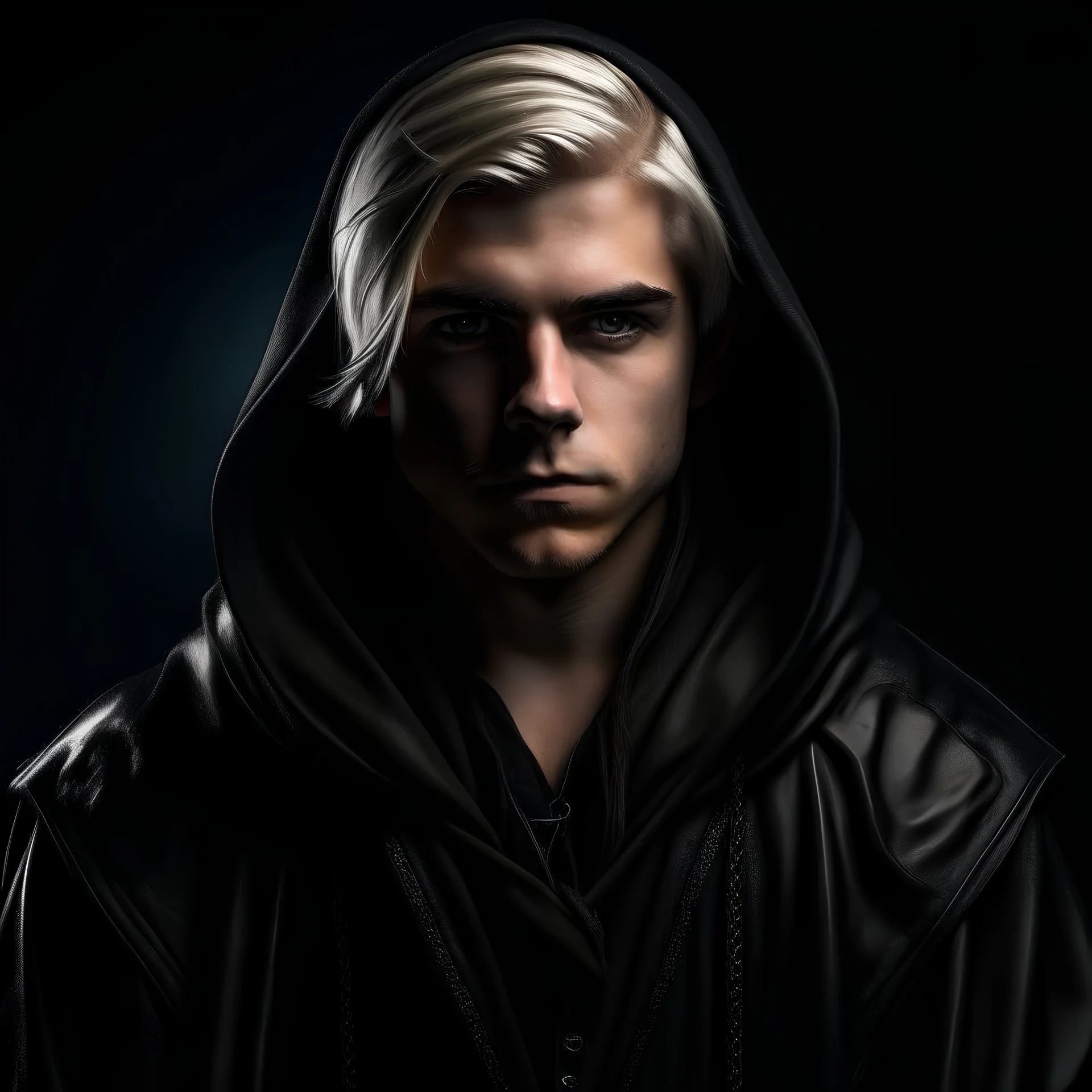 beautiful male 18 year old, white medium hair, perfect face, serious face, wearing a ((black)) medieval rogue/bandit leather outfit with cape, dark background with dim lights, studio background, looking at viewer, super quality, 8k, ((digital art)), illustration, cinematic, film grain, bust shot, rpg character