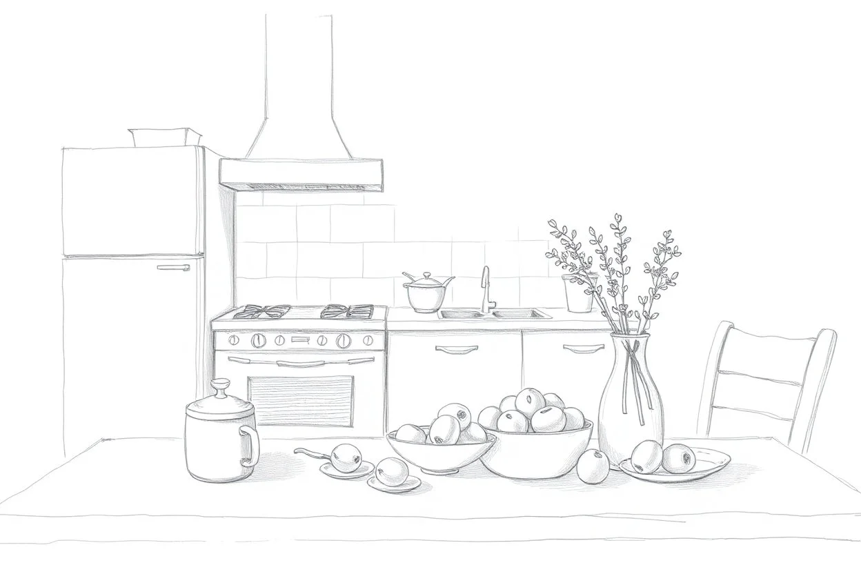Minimalist outline of a kitchen still life in pencil in the style of the sketches of Van Gogh
