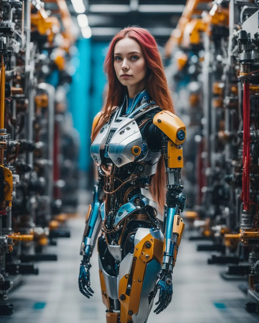 potrait photography cinematography colors a beautiful woman long hair humanoid robot walking in between two rows of complex machinery with vibrant colors