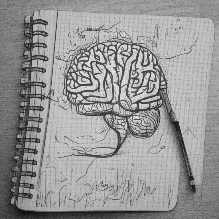 medicine notebook brain illustration, ink on paper